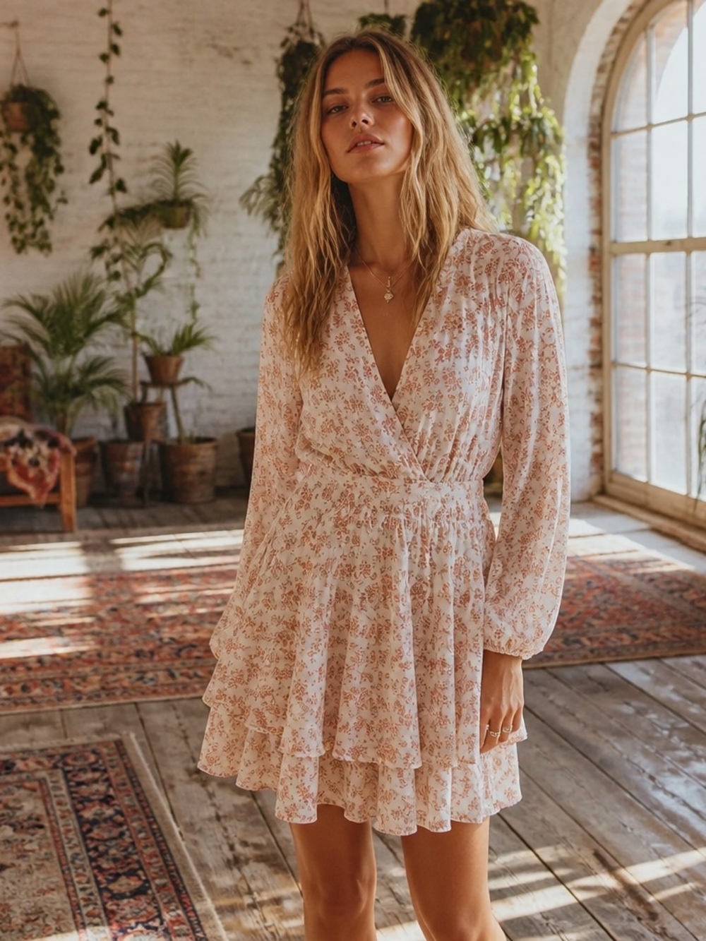 Boho Floral Wrap Mini Dress in Cream with Blush Floral